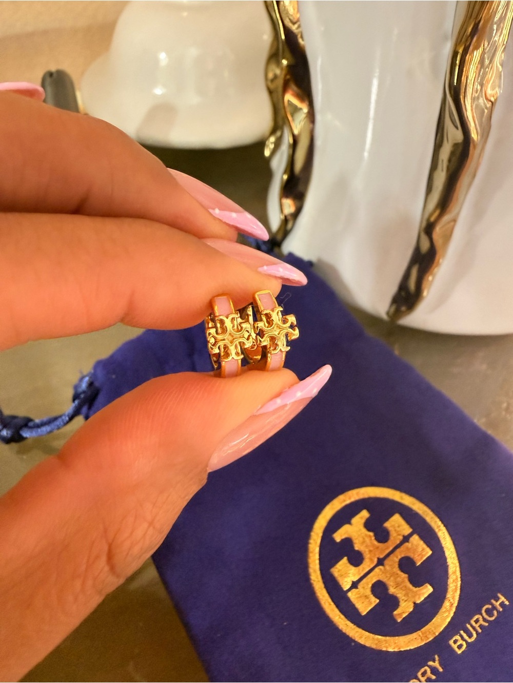 Tory Burch Gold Double-Logo Pink Enamel Mini Huggies
